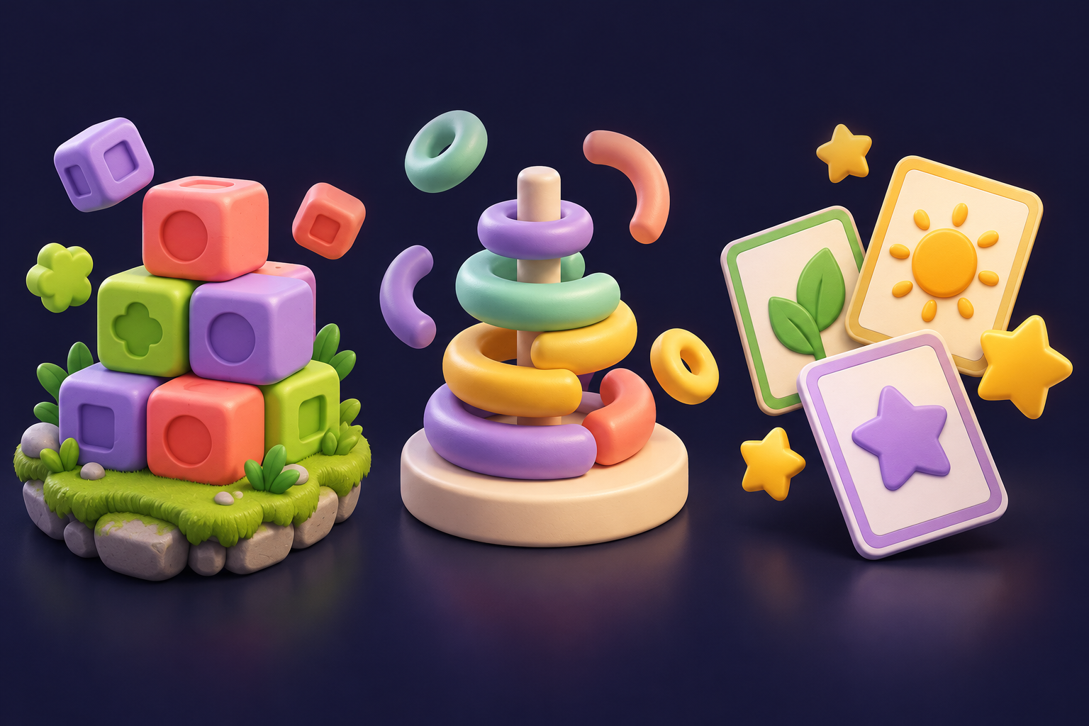 Original game concept artwork with colourful puzzle blocks, sorting rings and matching cards